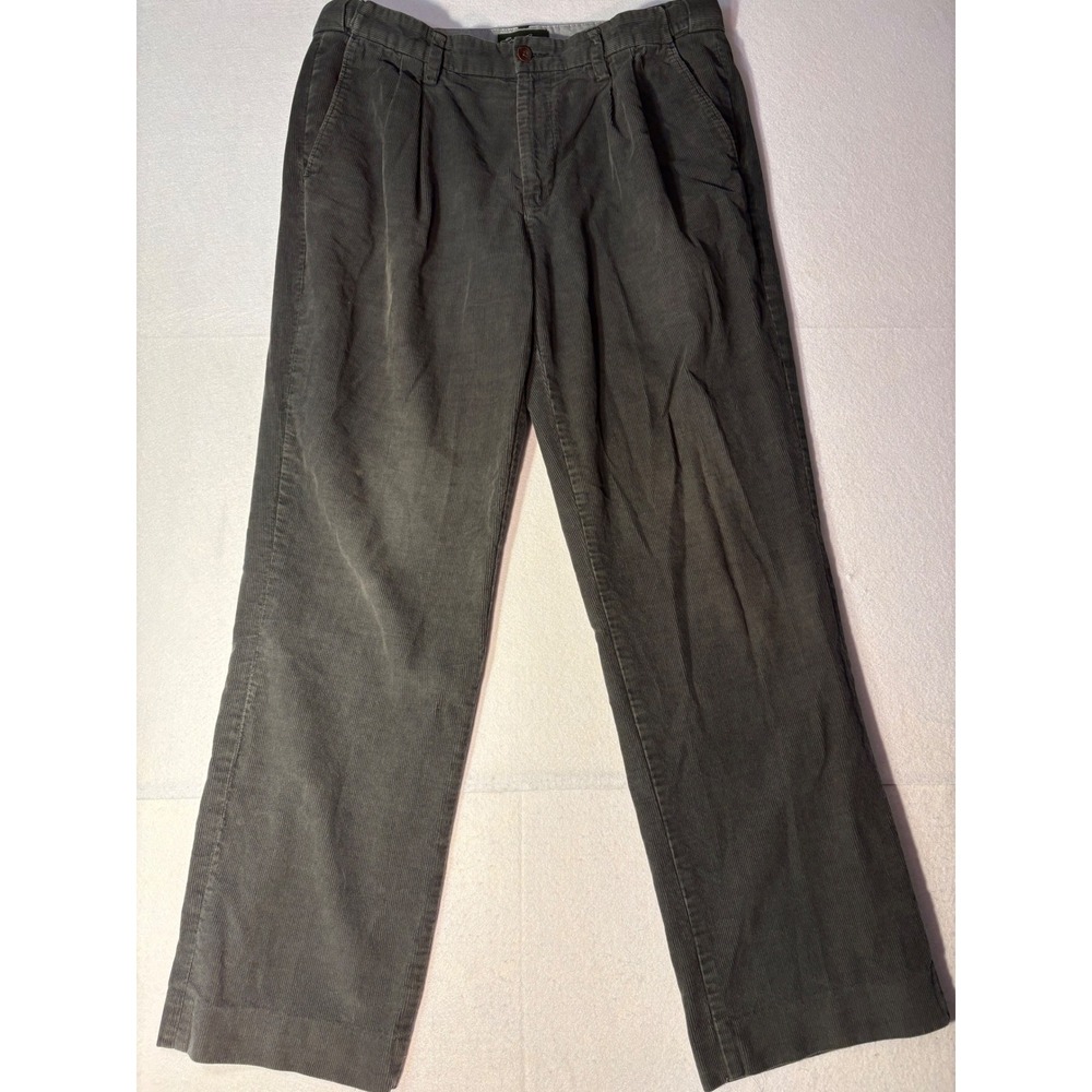 Eddie Bauer Mens Pleated Corduroy Pants Gray Green Straight Leg Size 36